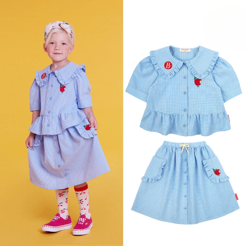 Магазин Bebe (В наличии) 베베베베 Весенний комплект детской тонкой клетчатой рубашки и юбки 2022 года