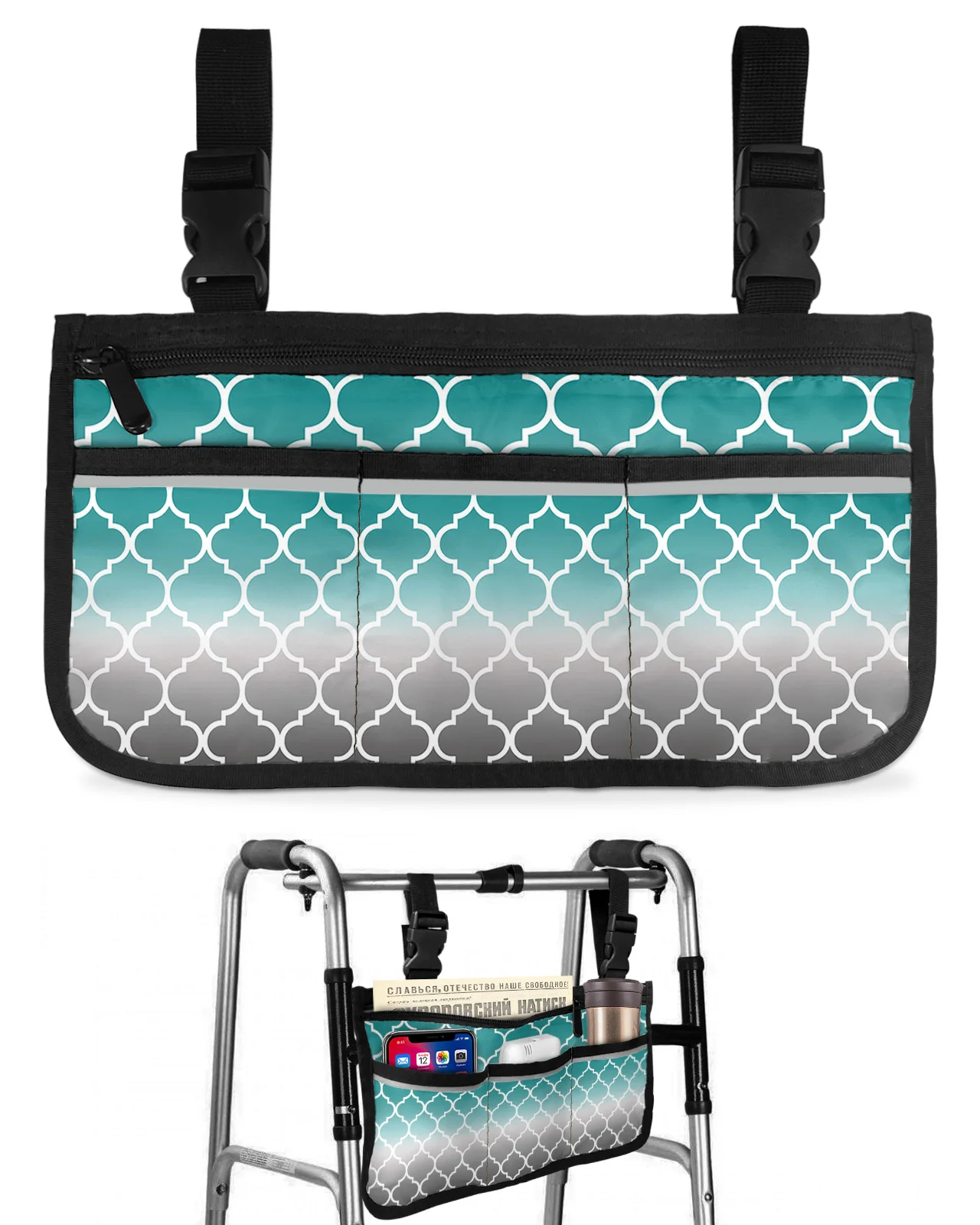 Марокканская Бирюзово-серая Градиентная сумка для инвалидной коляски с карманами, подлокотники, боковые сумки, Прогулочная рама для электрического скутера, сумка для хранения