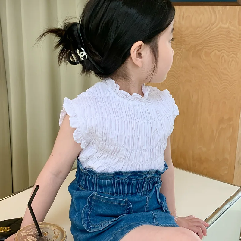 Милая рубашка для девочек со стоячим воротником в Корейском стиле, летняя новинка 2023, модная Белая стрейчевая рубашка, повседневная Простая Детская Милая футболка