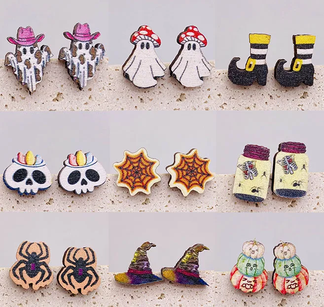 Милые деревянные серьги на Хэллоуин для унисекс, День Благодарения, тыква, шляпа волшебника-призрака, череп, конфеты, сапоги-пауки, мини-серьги
