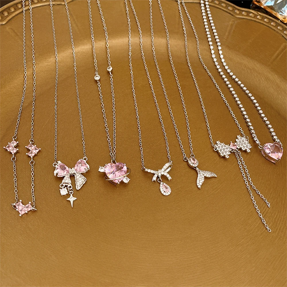Модное Милое Розовое ожерелье с бантиком из циркона, ожерелье-ошейник, цепочка, ожерелье для женщин, ювелирные изделия для девочек оптом