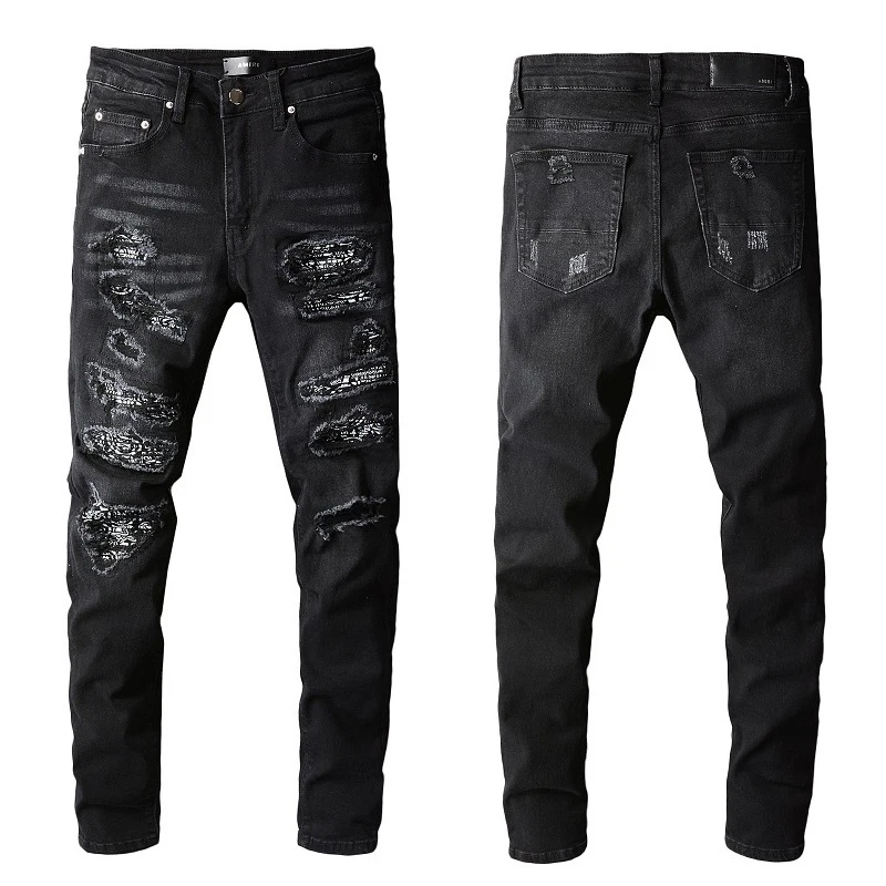 Модные Дизайнерские мужские джинсы в обтяжку, черные эластичные джинсы с потрескавшимся камуфляжем, узкие рваные брюки, мужские брюки с дырками в стиле панк