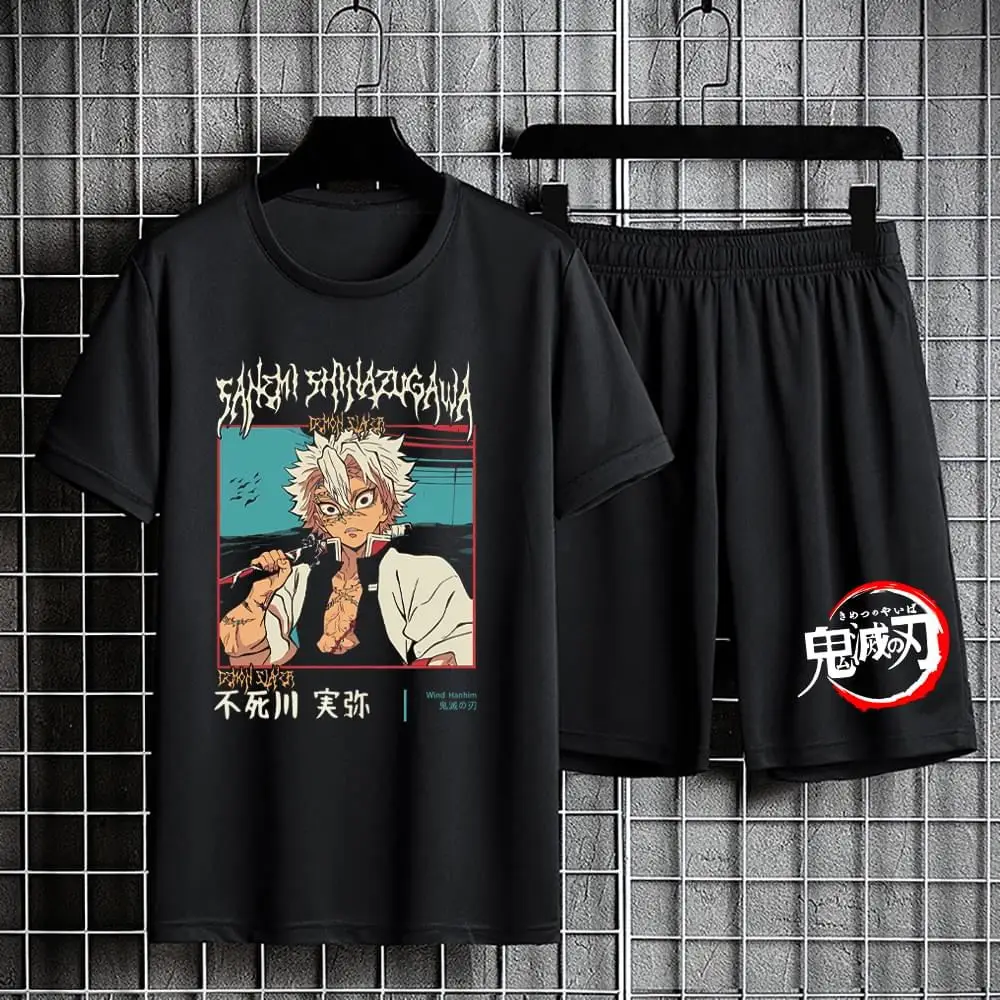 Мужские короткие комплекты, футболка с аниме Demon Slayer + шорты, комплект спортивного костюма, Летняя повседневная хлопковая футболка с принтом, уличная одежда в стиле хип-хоп Унисекс