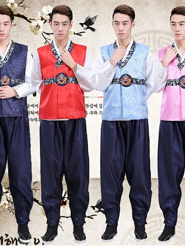 Мужчины Корейская традиционная одежда Одежда для народных сценических танцев, костюм для Дворцового представления, Мужской Разноцветный Ханбок для православного меньшинства