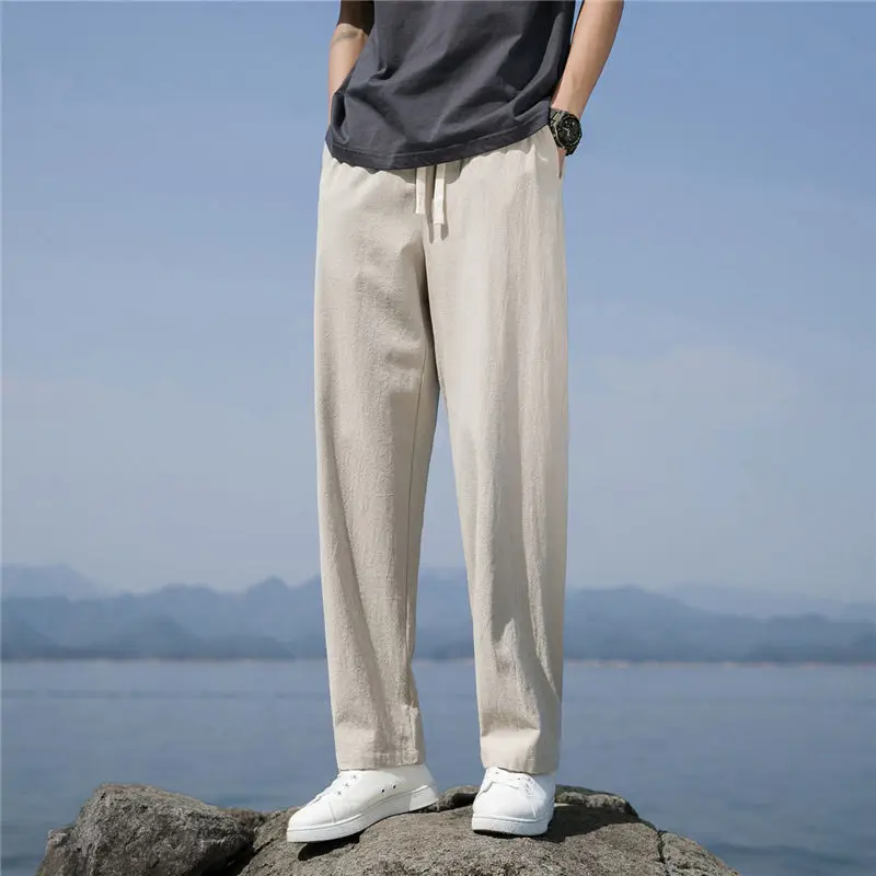 Мягкие льняные модные повседневные брюки Летние мужские брюки Хлопчатобумажные Тонкие однотонные Дышащие Свободные прямые брюки Уличная одежда