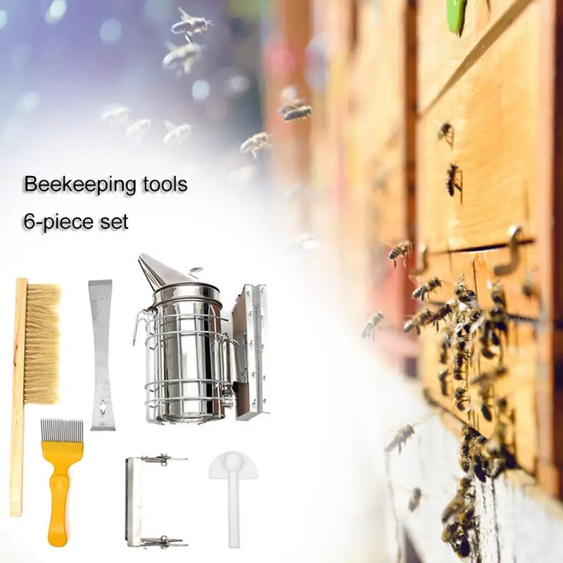 Набор инструментов для пчеловодства 6шт Набор инструментов для пчеловодства включает в себя Коптильню для пчелиного улья, Вилку для раскупорки, Щетку, Рамку, Скребок и инструмент для кормления пчел