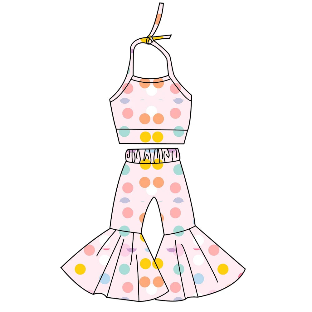 Недавно разработанная летняя одежда для девочек, короткий топ + расклешенные брюки, цветная молочная шелковая ткань в горошек