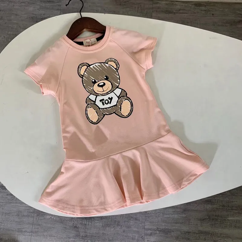 Новые летние модные детские платья 2022 года для девочек, хлопковое платье принцессы с короткими рукавами и мультяшным медведем, удобное детское платье принцессы 2-10 лет