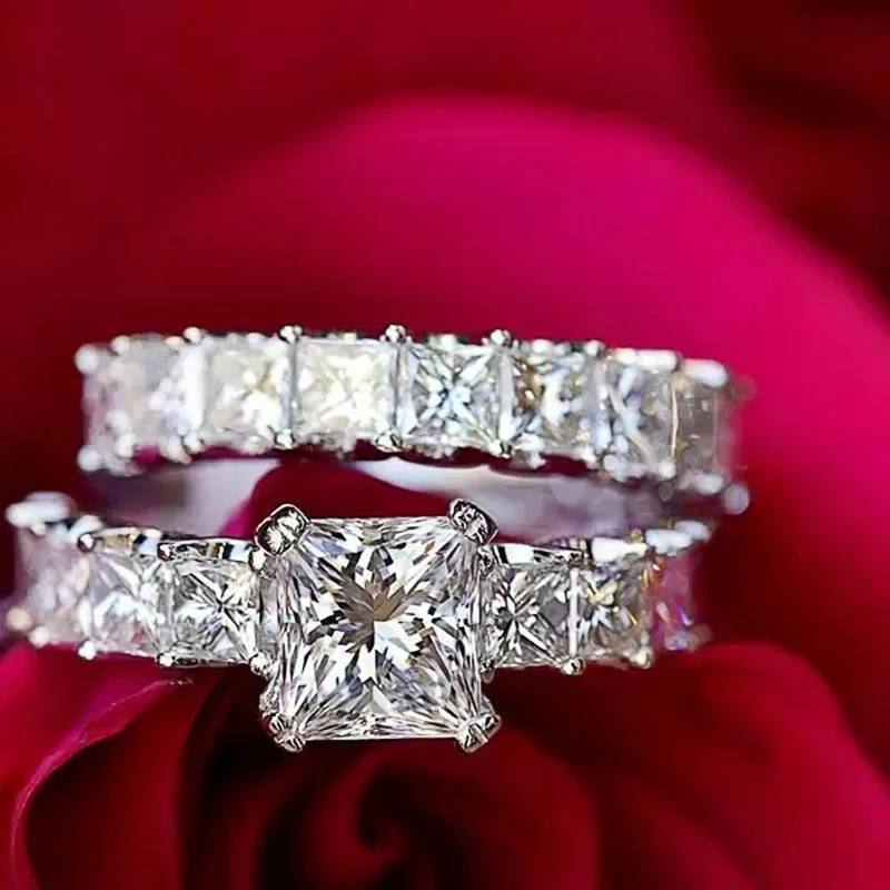 Новые модные роскошные кольца с обещанием в виде принцессы с фианитами для женщин, хрустальные обручальные кольца, 2 шт. Комплект Ювелирных изделий, Оптовые партии