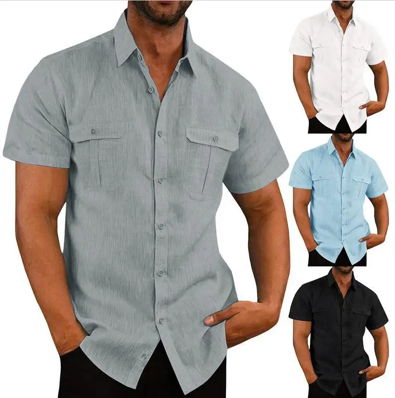 Новые хлопчатобумажные льняные мужские рубашки с короткими рукавами, летняя однотонная повседневная футболка с отложным воротником, мужские дышащие рубашки