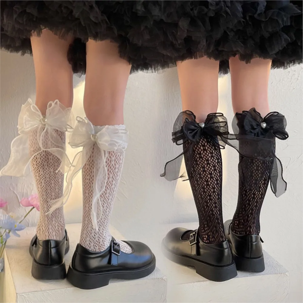 Носки для девочек, весенне-летние тонкие сетчатые чулки с тремя узлами пряжи, кружевные детские носочки с милым бантом, носки принцессы.