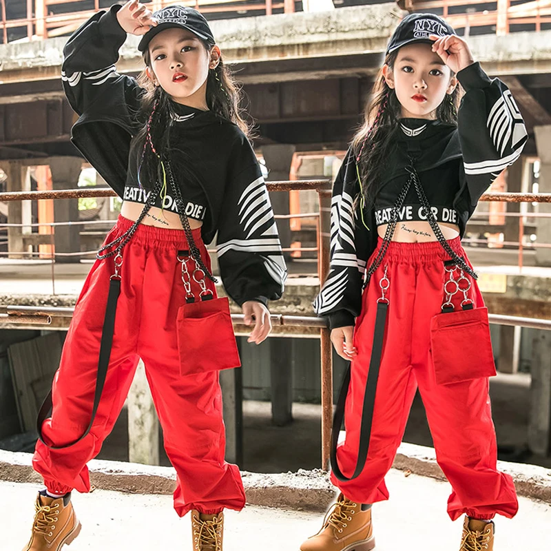 Одежда в стиле хип-хоп, джазовый танцевальный костюм для девочек, Черные топы с длинными рукавами, Красные брюки-карго, Детская одежда для выступлений в стиле хип-хоп, рейв-одежда 5049