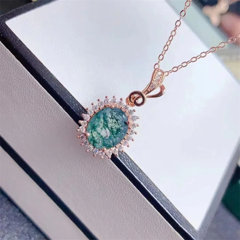 Ожерелье с подвеской из стерлингового серебра 925 пробы для женщин, Натуральный 8*10 мм Зеленый моховой Агат, Уникальный Целебный камень, Свадебные украшения, подарок