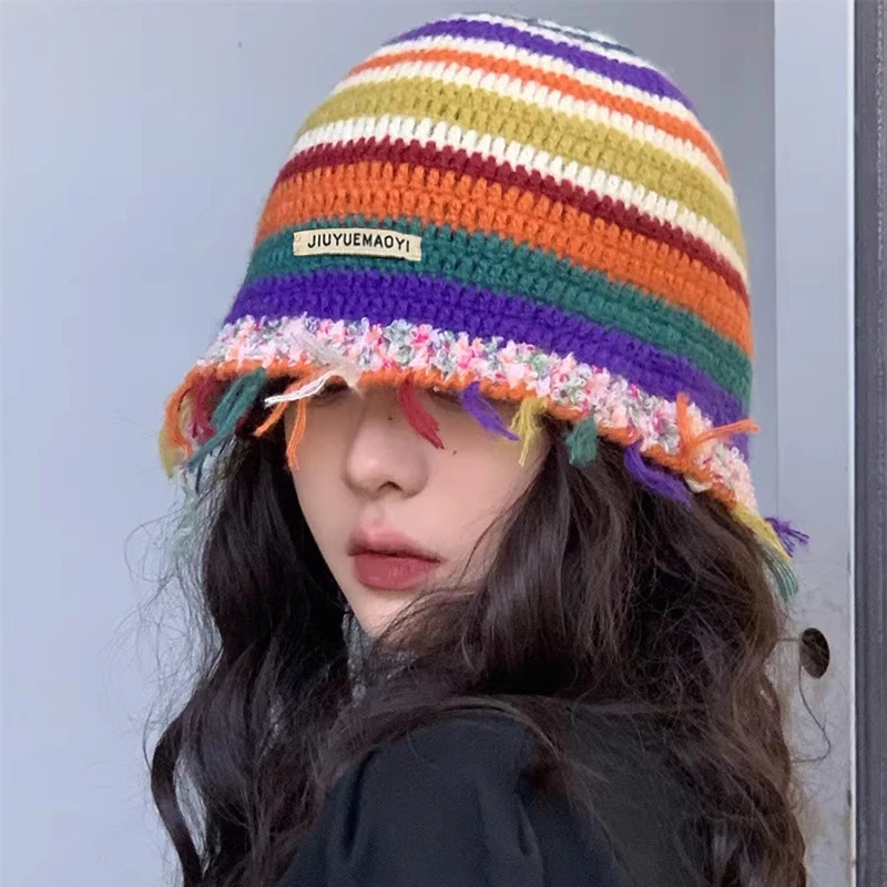 Осенне-зимние шапки-ведра Y2k, женские Корейские ретро-шапки ручной работы с кисточками, цветные полосы, контрастный цвет, вязаная мужская кепка