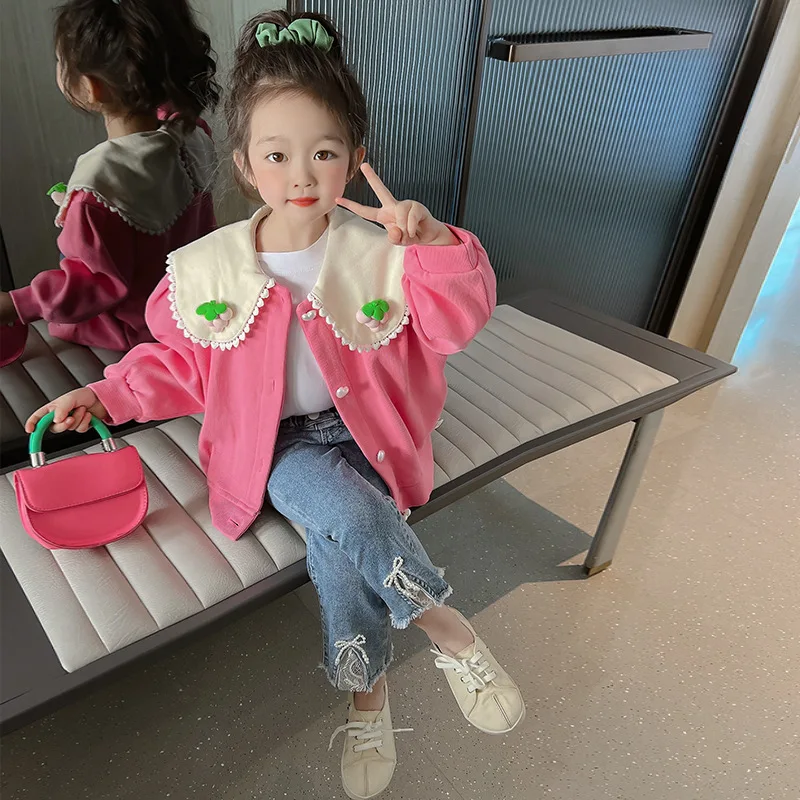 Пальто для девочек в цветочек, мода 2023, Весна-осень, Новая корейская версия, детская одежда для девочек, повседневные детские топы с кукольным воротником