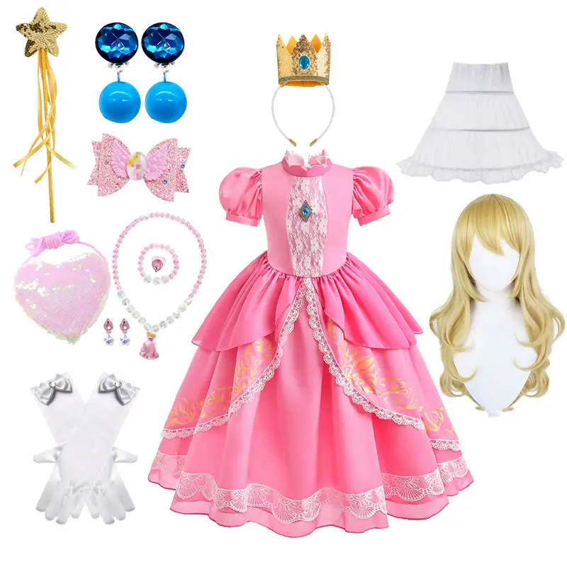 Персиковый костюм на Хэллоуин для маленькой девочки, кружевное платье, Рождественское детское розовое платье для свадебной вечеринки + парик, 10 комплектов детской одежды-туники