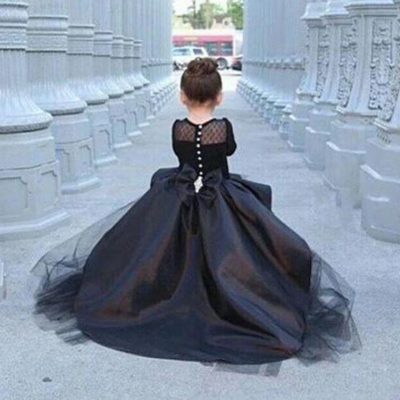 Платья для девочек-цветочниц с длинными рукавами, нарядные платья для девочек, черные платья для свадьбы, выпускного вечера, дня рождения, первого причастия, индивидуальное платье