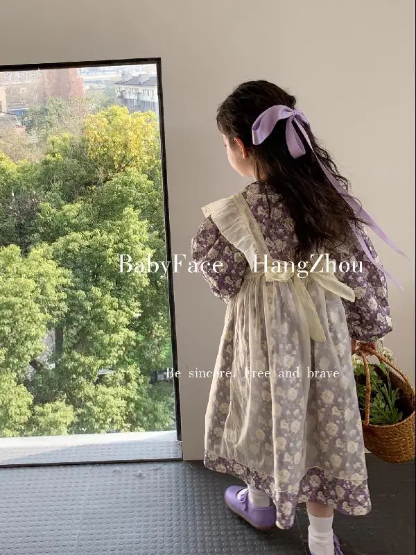Повседневные платья для девочек Детская одежда в стиле французского Леса С длинными рукавами и фрагментированными цветами Из сетчатой пряжи Комплект из двух предметов