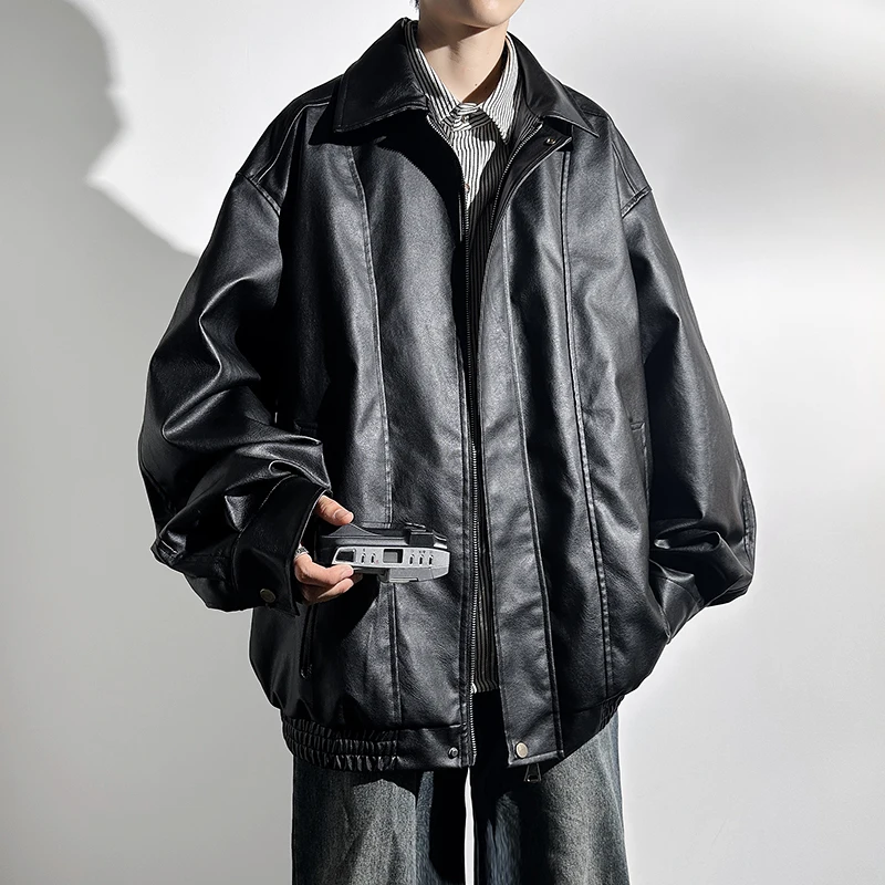 Разборчивые весенне-осенние повседневные куртки из искусственной кожи, мужские однотонные свободные куртки из искусственной кожи с отложным воротником