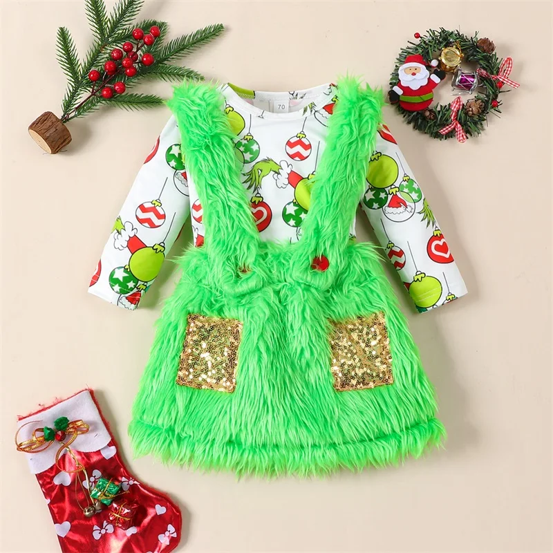 Рождественские комплекты одежды FOCUSNORM для маленьких девочек, 2 шт. Комбинезон с длинными рукавами и принтом в виде шарика, плюшевая юбка на подтяжках, наряды 0-24 м