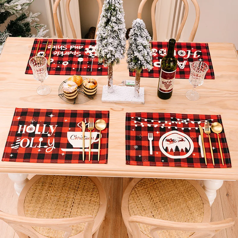 Рождественское украшение столешницы Красно-черный клетчатый коврик для еды с принтом, автомобильный коврик для кофе из клетчатой ткани для еды
