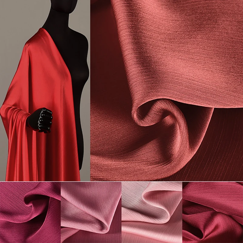 Розово-красная гофрированная шифоновая ткань Глянцевый атласный крепон для пошива топов, платьев, блузок, рубашек на полметра