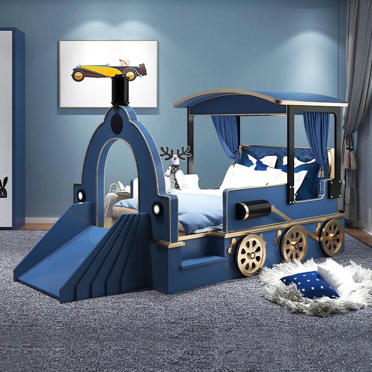 роскошные комплекты мебели для детской спальни, имитация двуспальной кровати, моделирование автомобиля и дизайн слайдов, детская кровать из массива дерева, синяя для мальчика