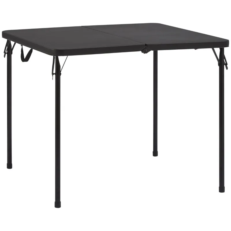 Складывающийся пополам 34-дюймовый квадратный стол из смолы, насыщенного черного цвета.