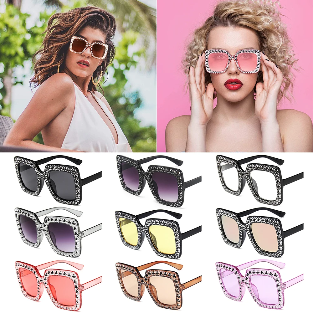 Солнцезащитные очки большого размера с кристаллами, модные квадратные солнцезащитные очки для женщин, ретро очки UV400