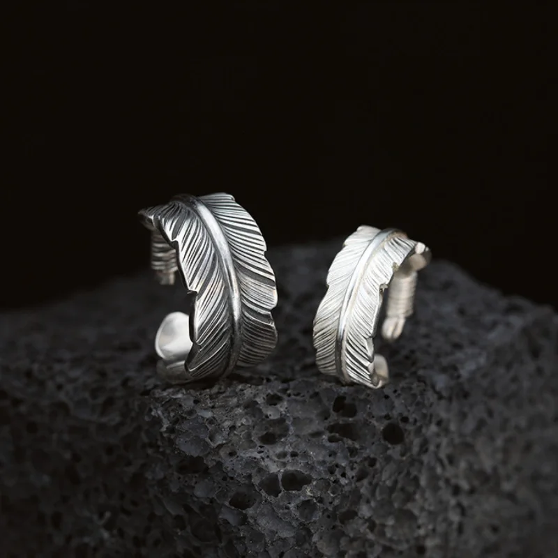 Уникальные Геометрические кольца из серебра 925 пробы с черными перьями для женщин, мужчин, пары, Богемное Регулируемое Открытое кольцо, Аксессуары для вечеринок