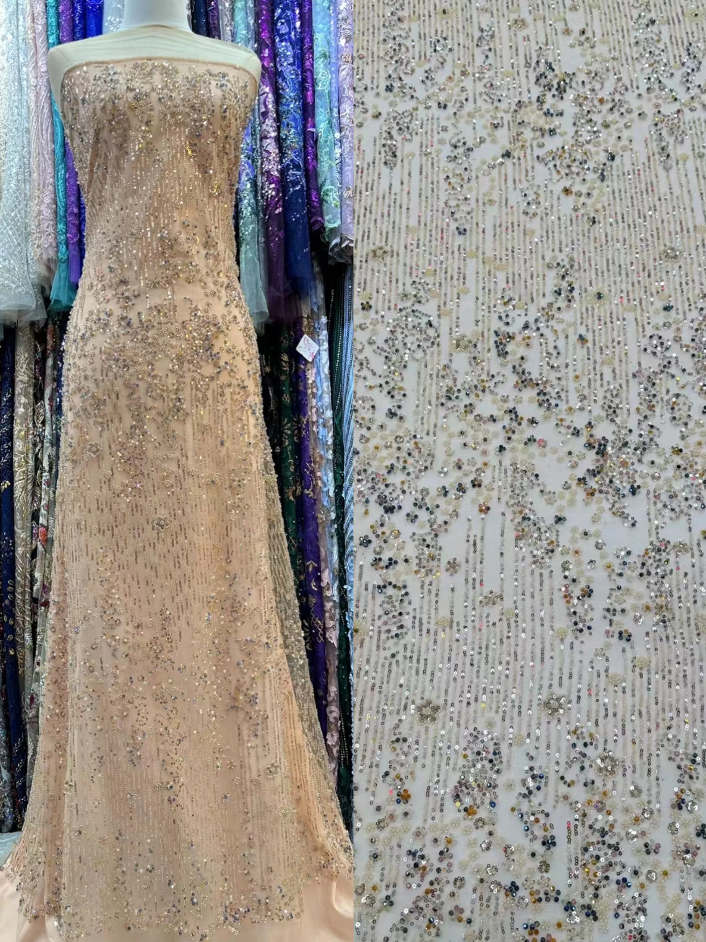 Усовершенствованная кружевная ткань для юбки 5Y с пайетками 2023, высококачественное кружево ручной работы, полное бисера, сетчатое кружево с блестками для вечернего платья для вечеринки