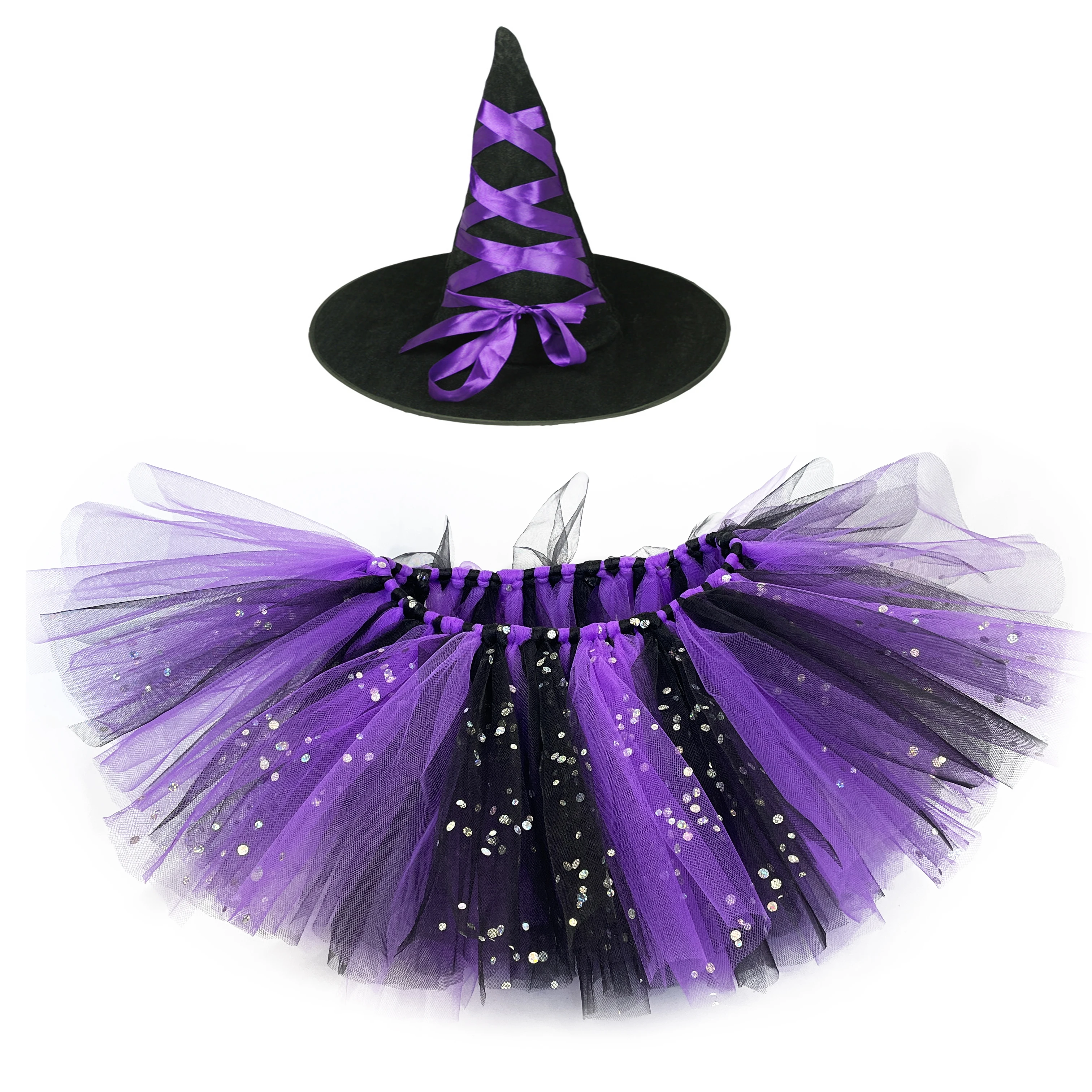 Фиолетово-черные блестящие юбки-пачки для девочек, детские балетные юбки из тюля со шляпой Ведьмы, детские костюмы для косплея на Хэллоуин, ткань для вечеринок