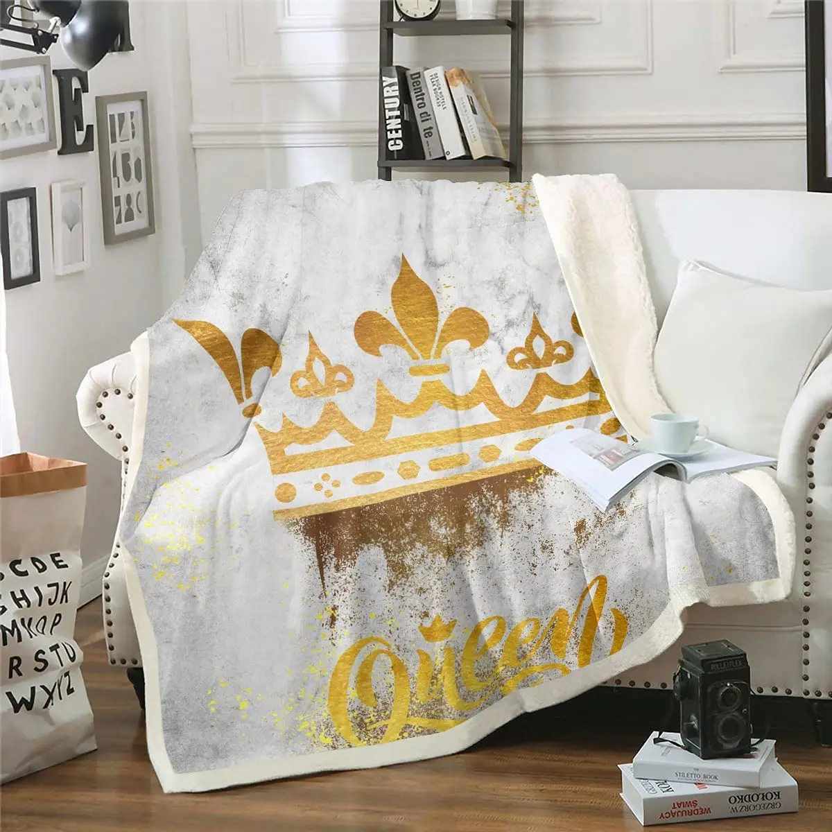 Фланелевое одеяло с золотой короной Королевы, жидкое художественное покрывало в стиле Гранж, Винтажная серая краска для галстуков, Ретро Одеяло с абстрактной мраморной текстурой
