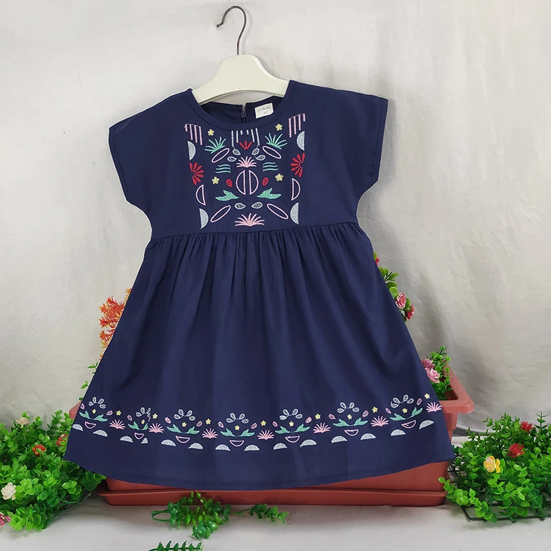 Хлопковое платье с коротким рукавом и милой цветочной вышивкой для девочек, повседневный летний наряд, повседневные платья для маленьких девочек