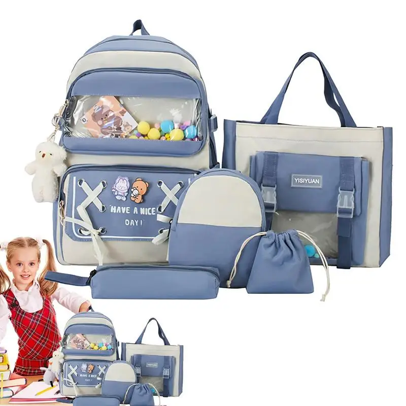 Эстетичные рюкзаки для школы, 5 предметов, милые эстетичные школьные рюкзаки с булавками и плюшевыми подвесками, рюкзак большой емкости