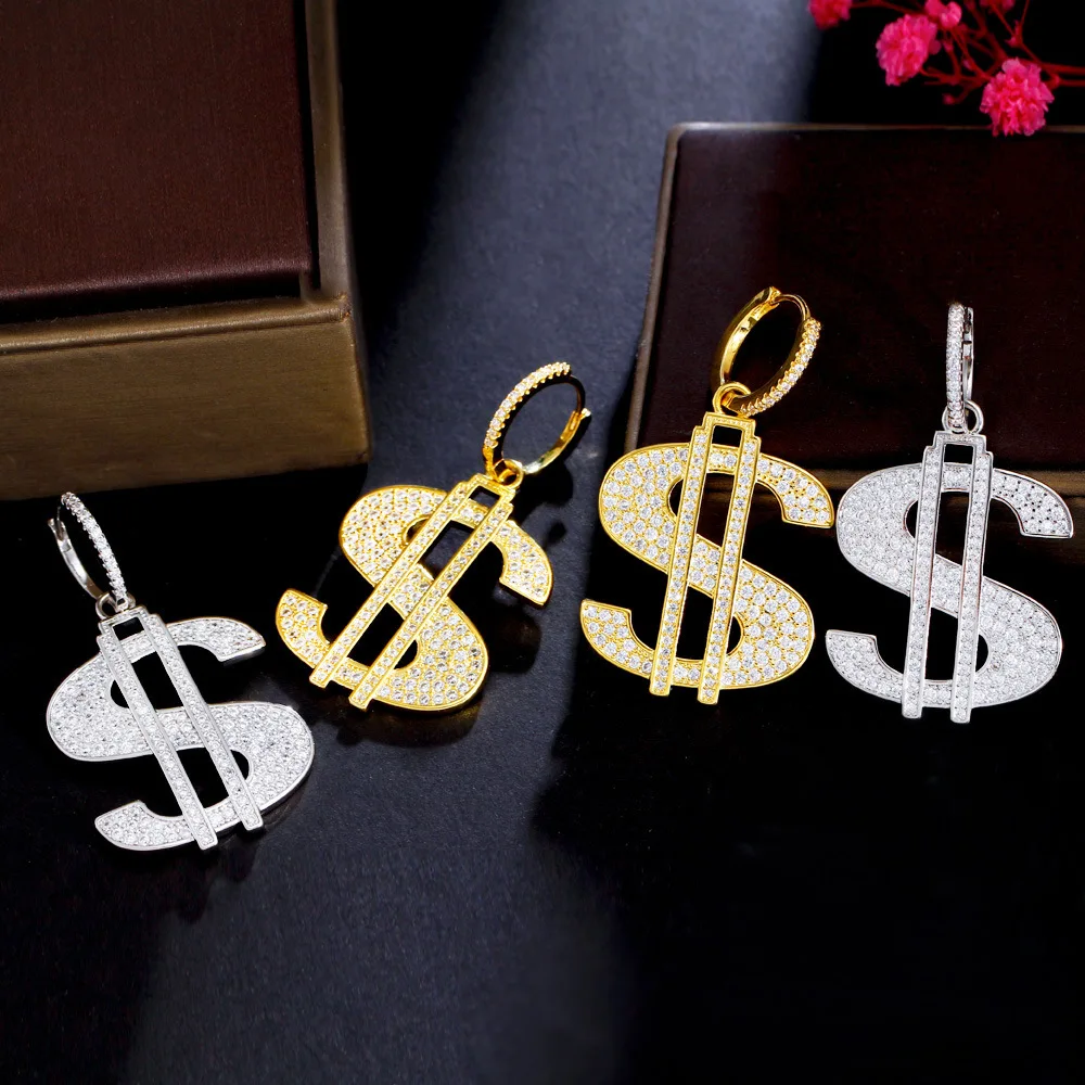 Ювелирные изделия в стиле хип-хоп, Медь, инкрустированная цирконием, Серьги с символом доллара США, Позолоченная Персонализированная модная одежда